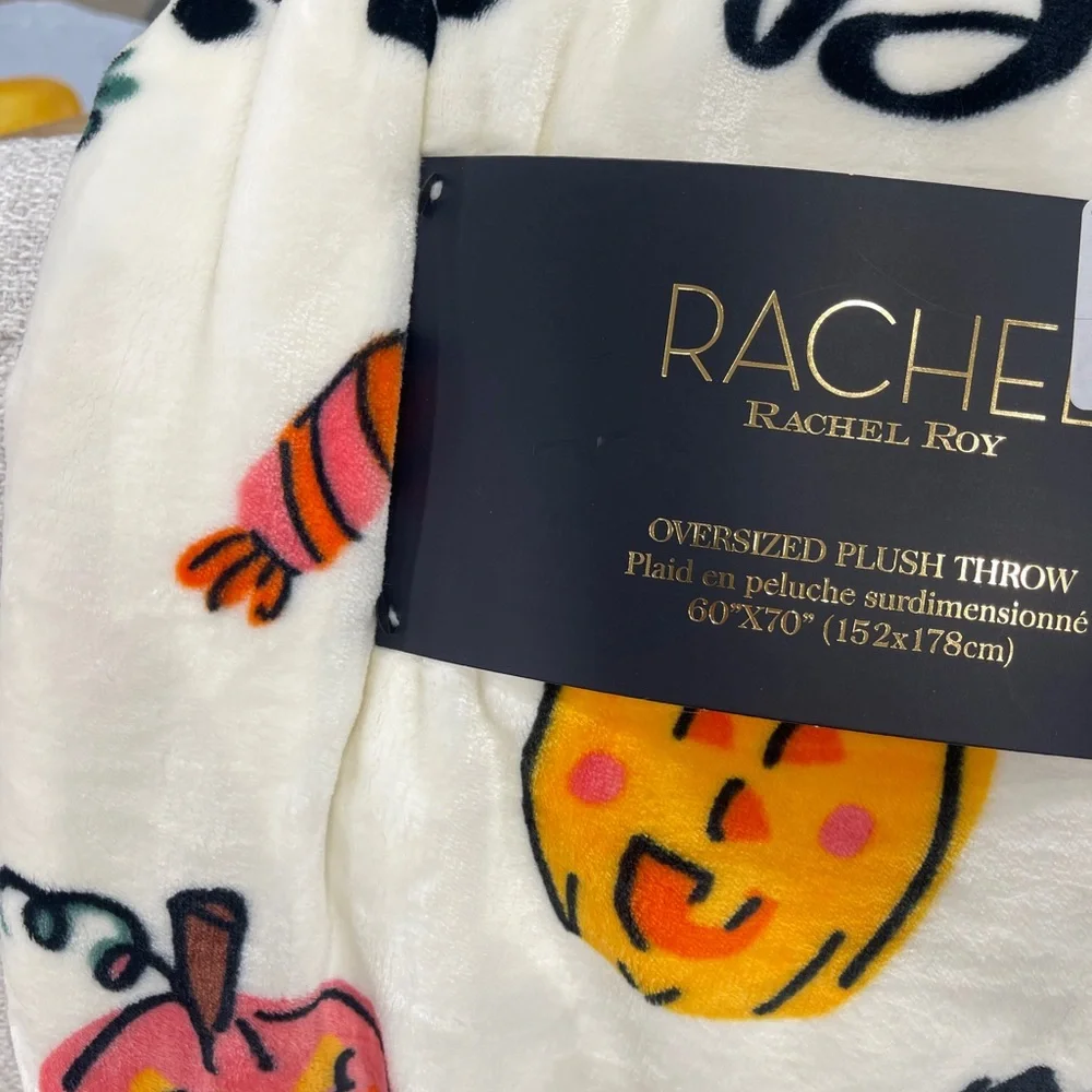 Halloween Black Cats Pink Bows Pumpkins Boo Rachel Roy Plush Blanket 60”x70 NWT